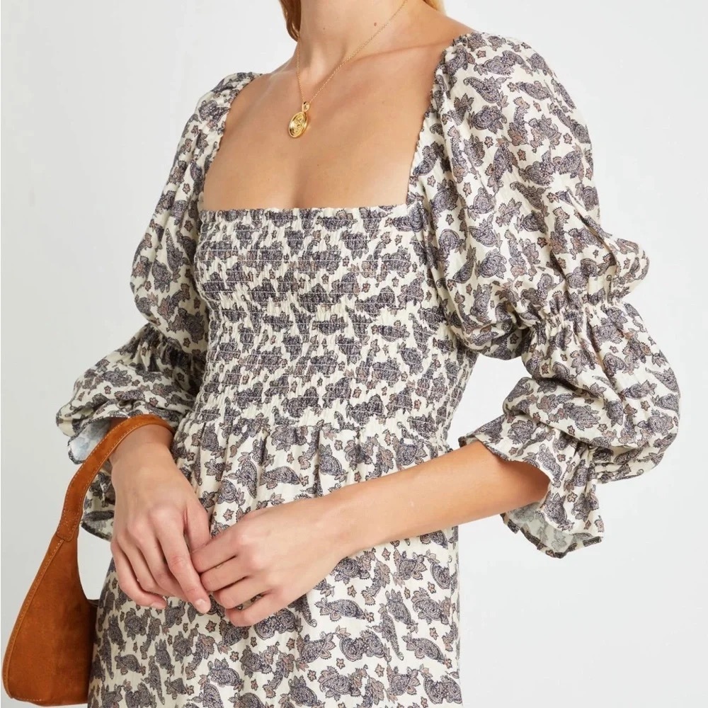Smocked Square-Neck Midi Dress in Cream with Gray Floral Print